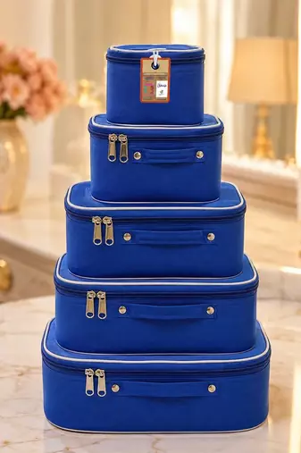 Makeup storage box travelling vanity cosmetic toiletry bag  jewellery case wardrobe organizer pouches set of 5 blue