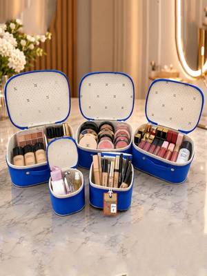 Makeup storage box travelling vanity cosmetic toiletry bag  jewellery case wardrobe organizer pouches set of 5 blue 2