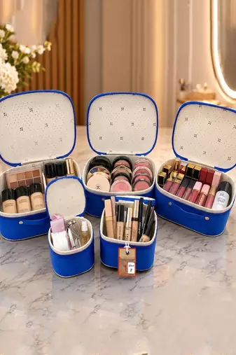 Makeup storage box travelling vanity cosmetic toiletry bag  jewellery case wardrobe organizer pouches set of 5 blue