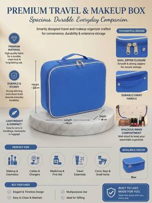 Makeup storage box travelling vanity cosmetic toiletry bag  jewellery case wardrobe organizer pouches set of 5 blue 3