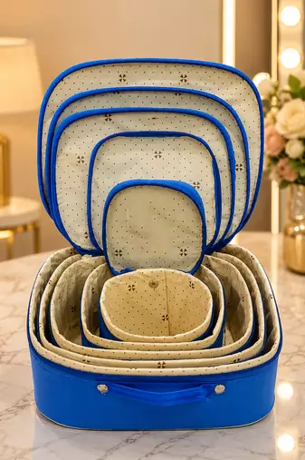 Makeup storage box travelling vanity cosmetic toiletry bag  jewellery case wardrobe organizer pouches set of 5 blue