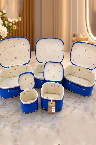 Makeup storage box travelling vanity cosmetic toiletry bag  jewellery case wardrobe organizer pouches set of 5 blue