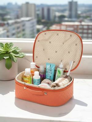 Makeup storage box travelling vanity cosmetic toiletry bag  jewellery case wardrobe organizer pouches set of 5 peach 2