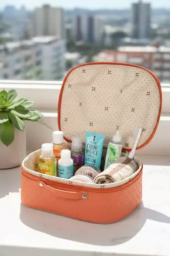 Makeup storage box travelling vanity cosmetic toiletry bag  jewellery case wardrobe organizer pouches set of 5 peach