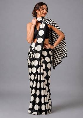 Black printed satin saree with blouse 3