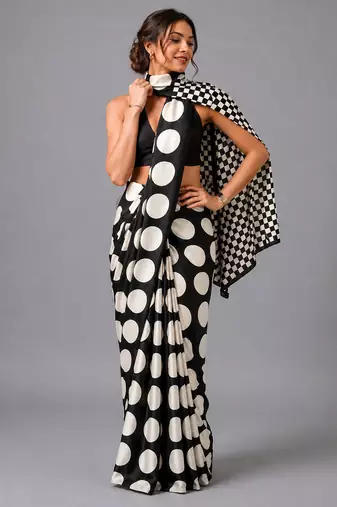Black printed satin saree with blouse