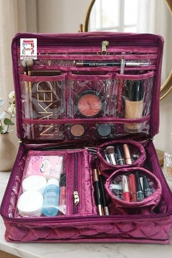 Makeup storage kit traveling vanity cosmetic toiletry bag jewellery case wardrobe organizer pouches for women purple