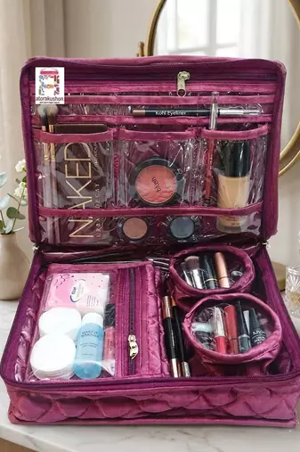 Makeup storage kit traveling vanity cosmetic toiletry bag jewellery case wardrobe organizer pouches for women purple