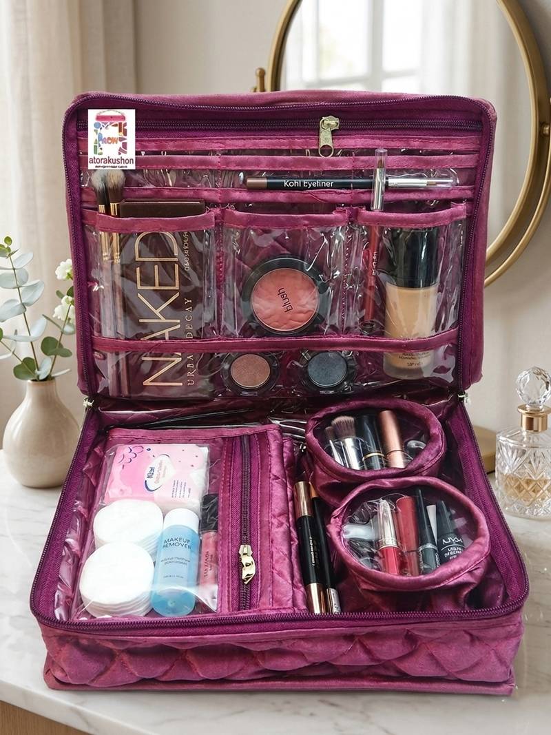 Makeup storage kit traveling vanity cosmetic toiletry bag jewellery case wardrobe organizer pouches for women purple