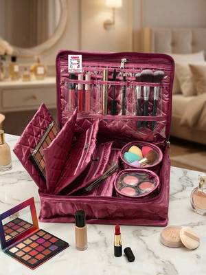 Makeup storage kit traveling vanity cosmetic toiletry bag jewellery case wardrobe organizer pouches for women purple 3