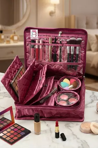 Makeup storage kit traveling vanity cosmetic toiletry bag jewellery case wardrobe organizer pouches for women purple