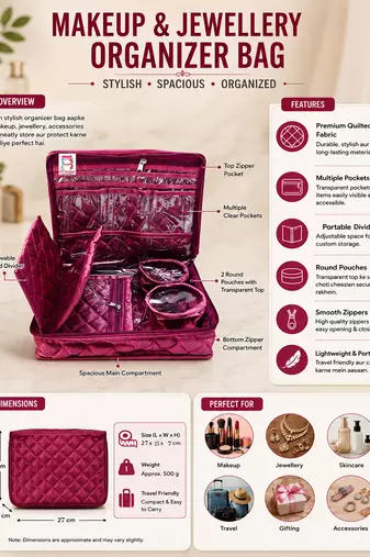 Makeup storage kit traveling vanity cosmetic toiletry bag jewellery case wardrobe organizer pouches for women purple