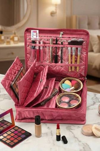 Makeup storage kit traveling vanity cosmetic toiletry bag jewellery case wardrobe organizer pouches for women pink
