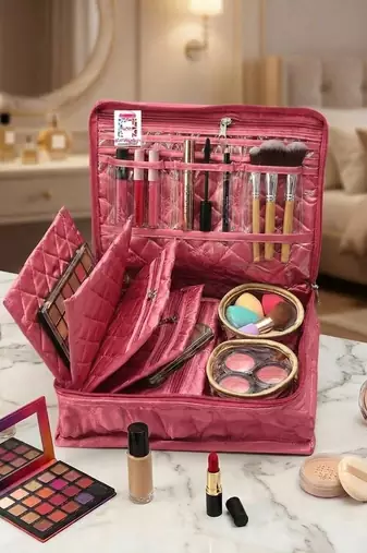 Makeup storage kit traveling vanity cosmetic toiletry bag jewellery case wardrobe organizer pouches for women pink