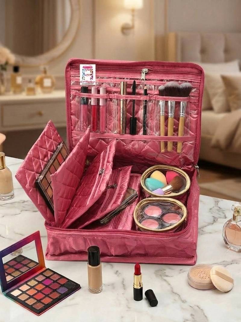 Makeup storage kit traveling vanity cosmetic toiletry bag jewellery case wardrobe organizer pouches for women pink