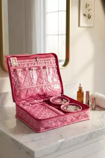 Makeup storage kit traveling vanity cosmetic toiletry bag jewellery case wardrobe organizer pouches for women pink