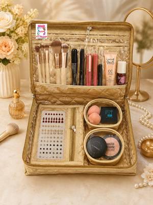 Makeup storage kit traveling vanity cosmetic toiletry bag jewellery case wardrobe organizer pouches for women gold 1