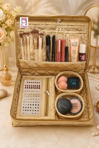 Makeup storage kit traveling vanity cosmetic toiletry bag jewellery case wardrobe organizer pouches for women gold