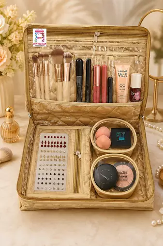 Makeup storage kit traveling vanity cosmetic toiletry bag jewellery case wardrobe organizer pouches for women gold