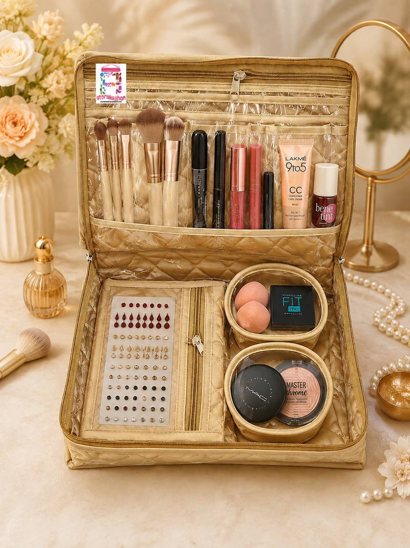 Makeup storage kit traveling vanity cosmetic toiletry bag jewellery case wardrobe organizer pouches for women gold