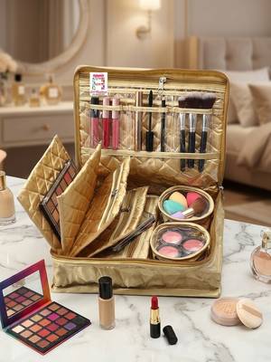 Makeup storage kit traveling vanity cosmetic toiletry bag jewellery case wardrobe organizer pouches for women gold 2
