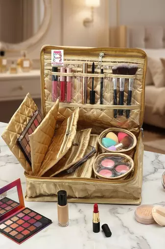 Makeup storage kit traveling vanity cosmetic toiletry bag jewellery case wardrobe organizer pouches for women gold