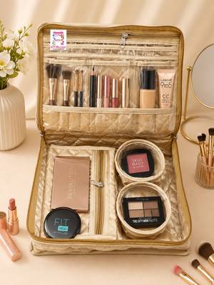 Makeup storage kit traveling vanity cosmetic toiletry bag jewellery case wardrobe organizer pouches for women gold 3