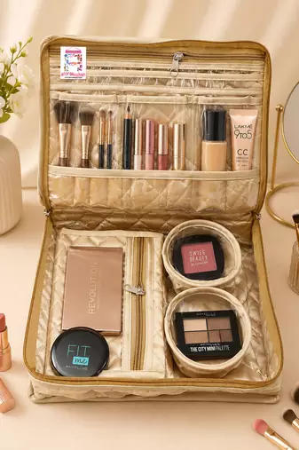 Makeup storage kit traveling vanity cosmetic toiletry bag jewellery case wardrobe organizer pouches for women gold