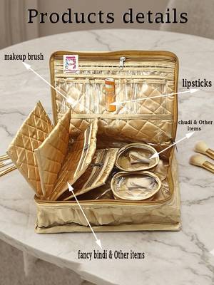 Makeup storage kit traveling vanity cosmetic toiletry bag jewellery case wardrobe organizer pouches for women gold 4