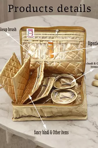 Makeup storage kit traveling vanity cosmetic toiletry bag jewellery case wardrobe organizer pouches for women gold
