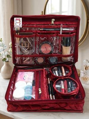Makeup storage kit traveling vanity cosmetic toiletry bag jewellery case wardrobe organizer pouches for women maroon 1