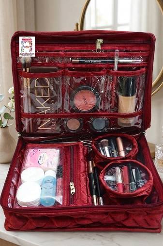 Makeup storage kit traveling vanity cosmetic toiletry bag jewellery case wardrobe organizer pouches for women maroon
