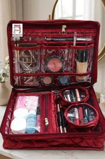 Makeup storage kit traveling vanity cosmetic toiletry bag jewellery case wardrobe organizer pouches for women maroon