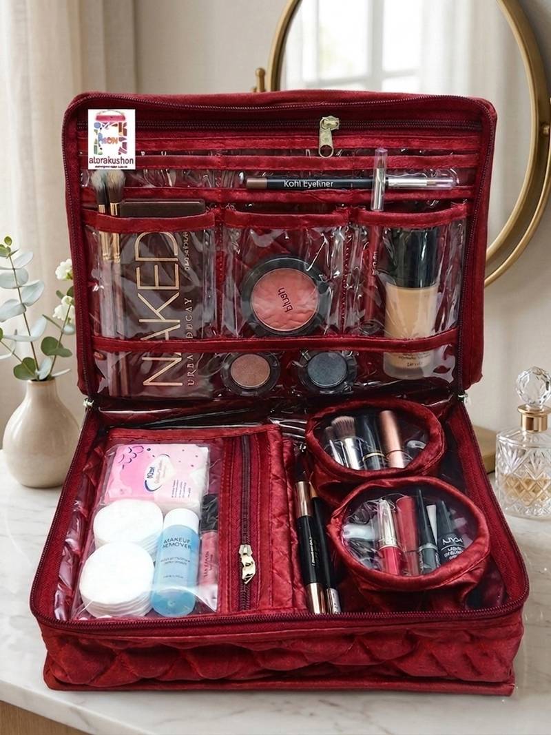 Makeup storage kit traveling vanity cosmetic toiletry bag jewellery case wardrobe organizer pouches for women maroon