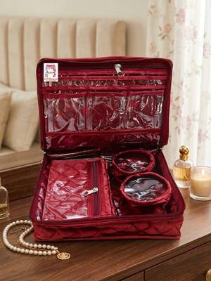 Makeup storage kit traveling vanity cosmetic toiletry bag jewellery case wardrobe organizer pouches for women maroon 2