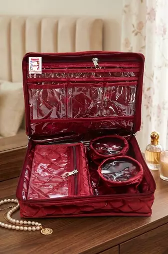 Makeup storage kit traveling vanity cosmetic toiletry bag jewellery case wardrobe organizer pouches for women maroon