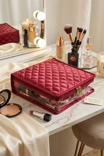 Makeup storage kit traveling vanity cosmetic toiletry bag jewellery case wardrobe organizer pouches for women maroon
