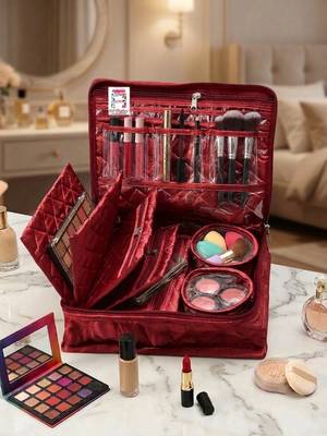 Makeup storage kit traveling vanity cosmetic toiletry bag jewellery case wardrobe organizer pouches for women maroon 4