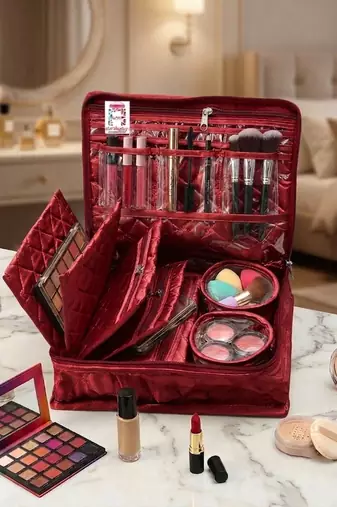 Makeup storage kit traveling vanity cosmetic toiletry bag jewellery case wardrobe organizer pouches for women maroon