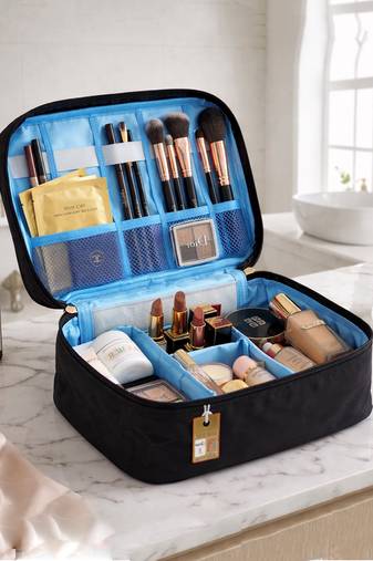 Cosmetic makeup kit storage toiletry travel accessories bag for jewellery vanity travel organizer adjustable black