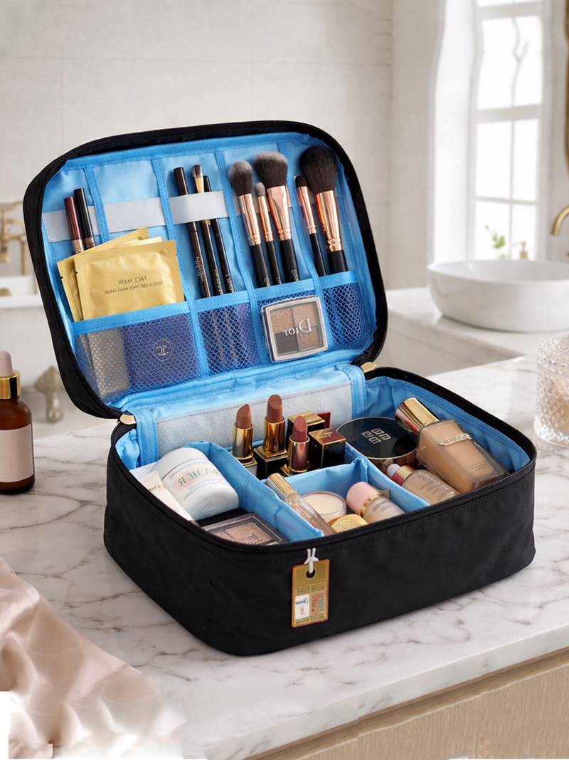 Cosmetic makeup kit storage toiletry travel accessories bag for jewellery vanity travel organizer adjustable black