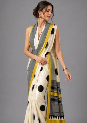 Beige printed satin saree with blouse 1