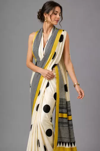 Beige printed satin saree with blouse
