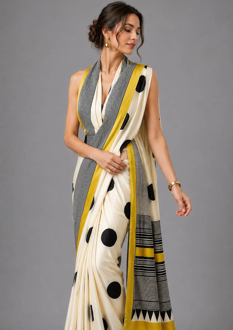 Beige printed satin saree with blouse