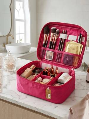 Cosmetic makeup kit storage toiletry travel accessories bag for jewellery vanity travel organizer adjustable pink 1
