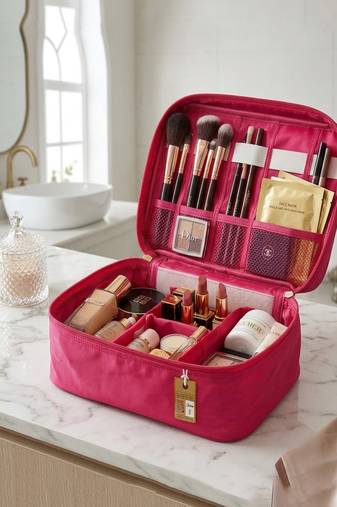 Cosmetic makeup kit storage toiletry travel accessories bag for jewellery vanity travel organizer adjustable pink