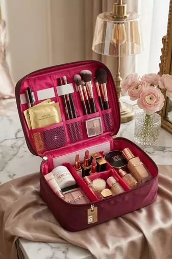 Cosmetic makeup kit storage toiletry travel accessories bag for jewellery vanity travel organizer adjustable maroon