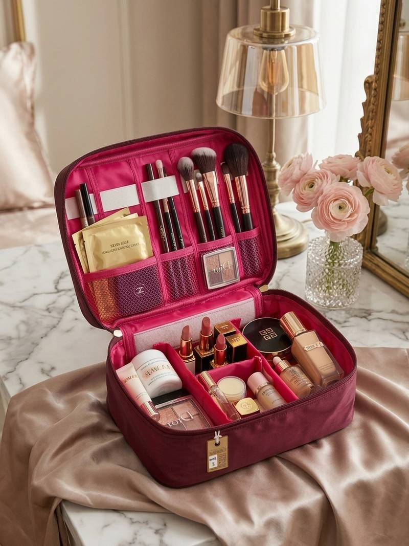 Cosmetic makeup kit storage toiletry travel accessories bag for jewellery vanity travel organizer adjustable maroon