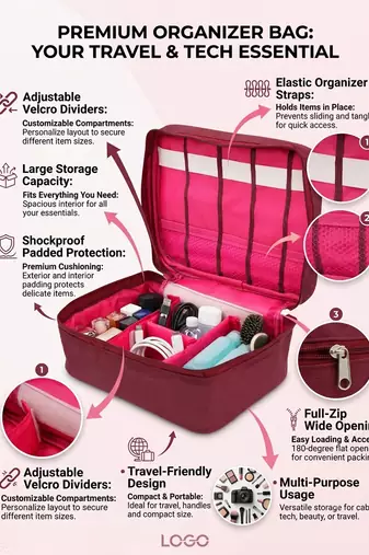 Cosmetic makeup kit storage toiletry travel accessories bag for jewellery vanity travel organizer adjustable maroon