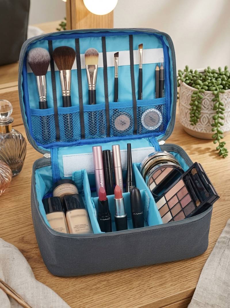Cosmetic makeup kit storage toiletry travel accessories bag for jewellery vanity travel organizer adjustable grey
